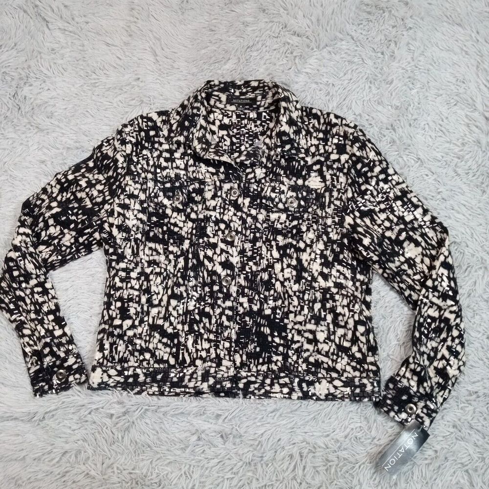 Notations Jacket Womens M Black Faux Snake Print Pockets Button Up Evening New